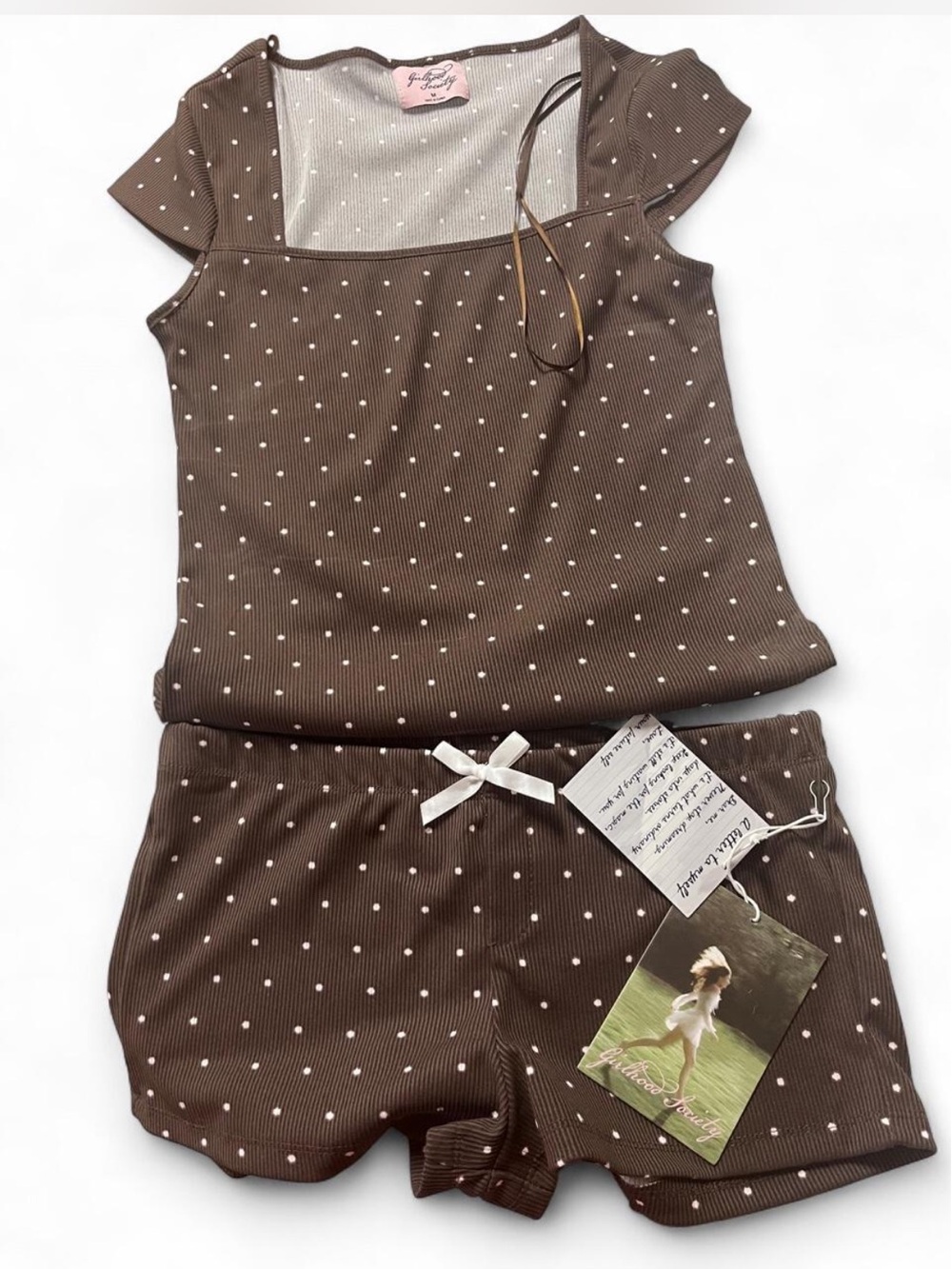 NWT Girlhood Society Brown Polka Dot Ribbed Pajama Set M
